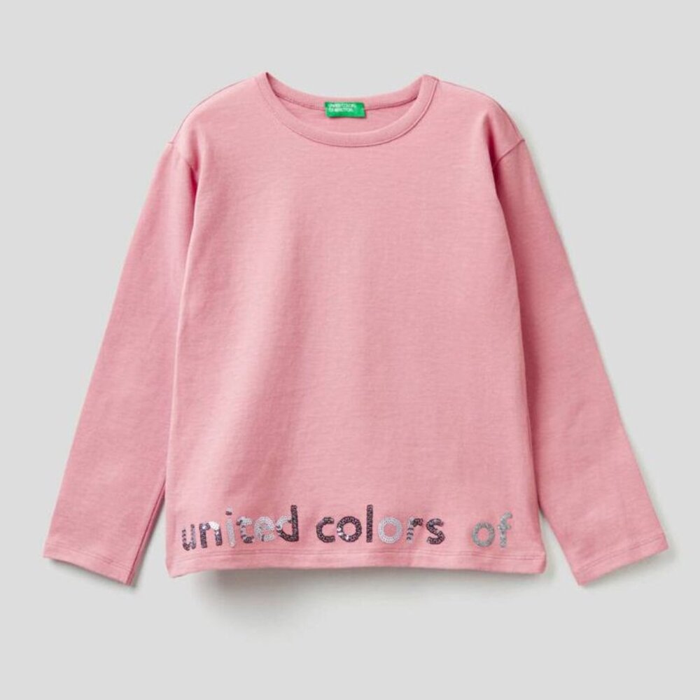 🌸 Benetton Blouse | Pink with silver sequin logo | Youth Sz XL 14/16